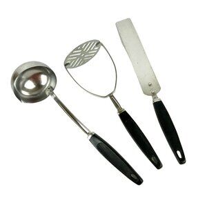 Ekco Kitchen Utensil Lot of 3 Ladle Masher Spreader Stainless Steel Black Handle
